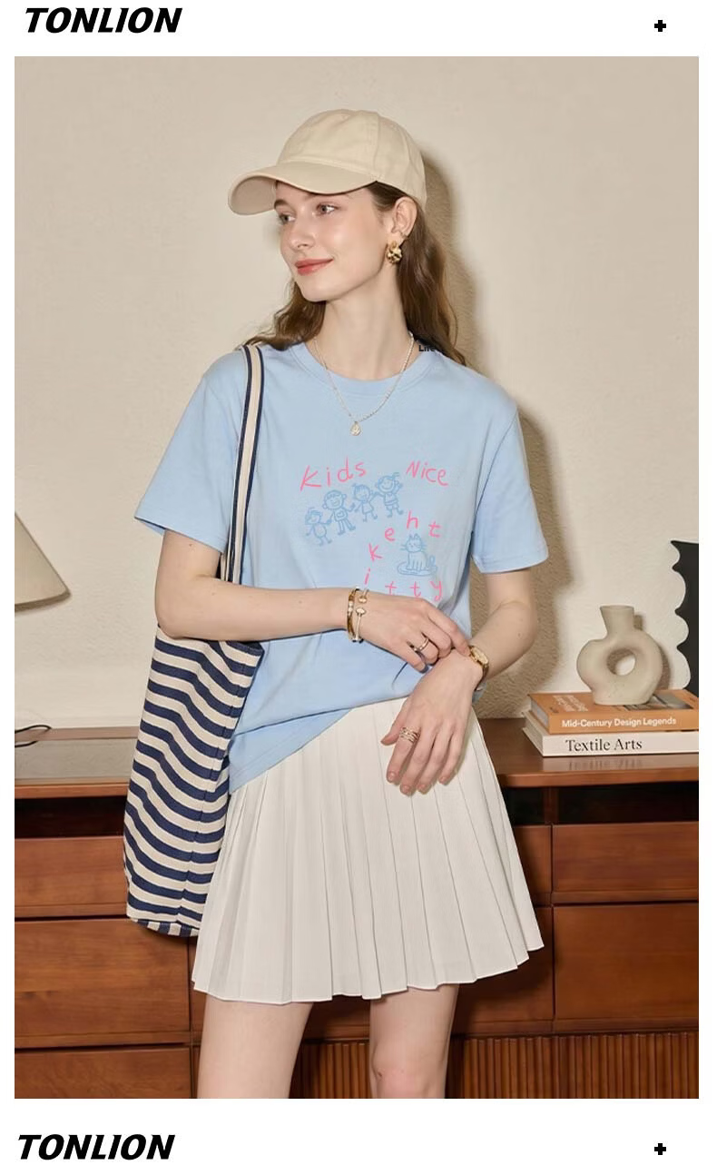 TonLion Women's Short Sleeve T-Shirt Summer Cotton Simple Korean Style Trendy Casual Loose Fit Basic Round Neck Tee 12