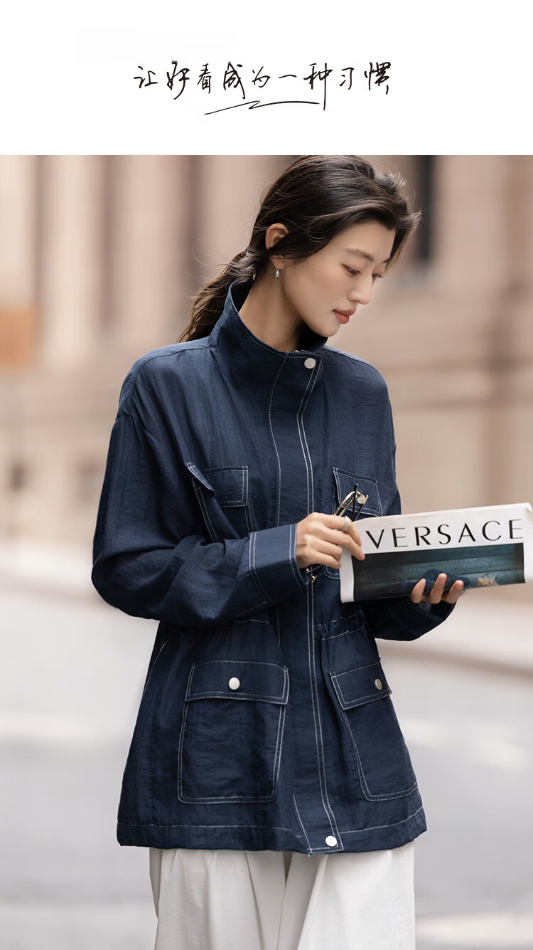 Demana [Luxury Linen] Spring Minimalist Stand Collar Drawstring Waist Multi-Pocket Petite Women's Jacket 1