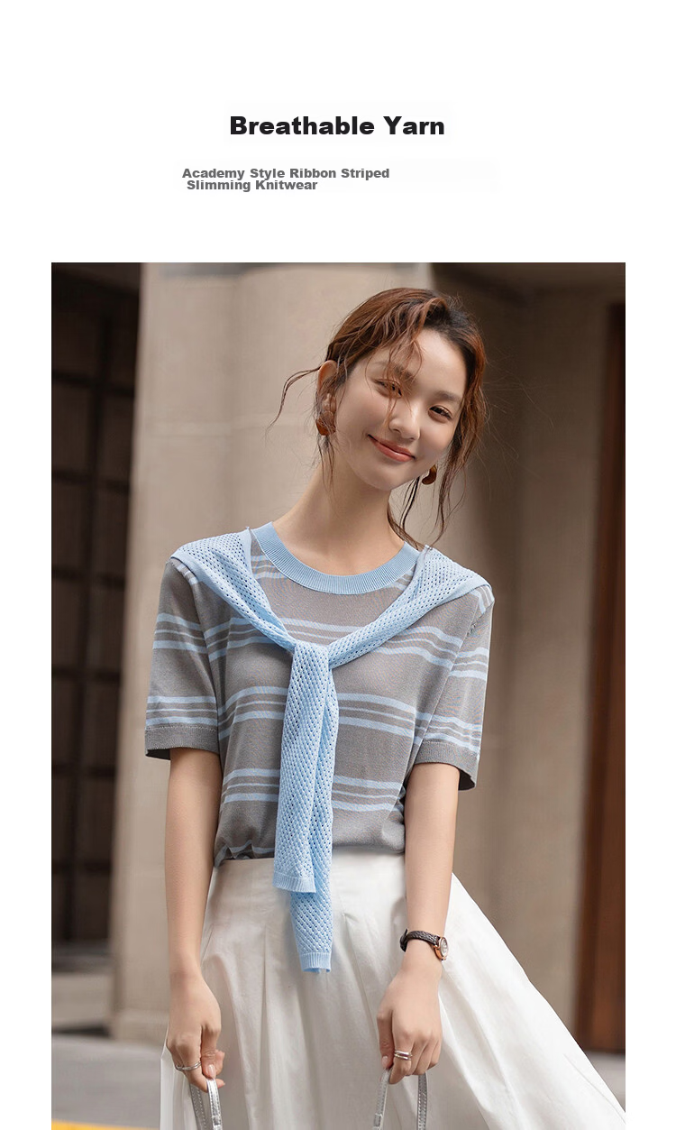 Demana Breathable Yarn Spring College Style Ribbon Striped Loose Slim Short Sleeve Women's Knit Sweater 5