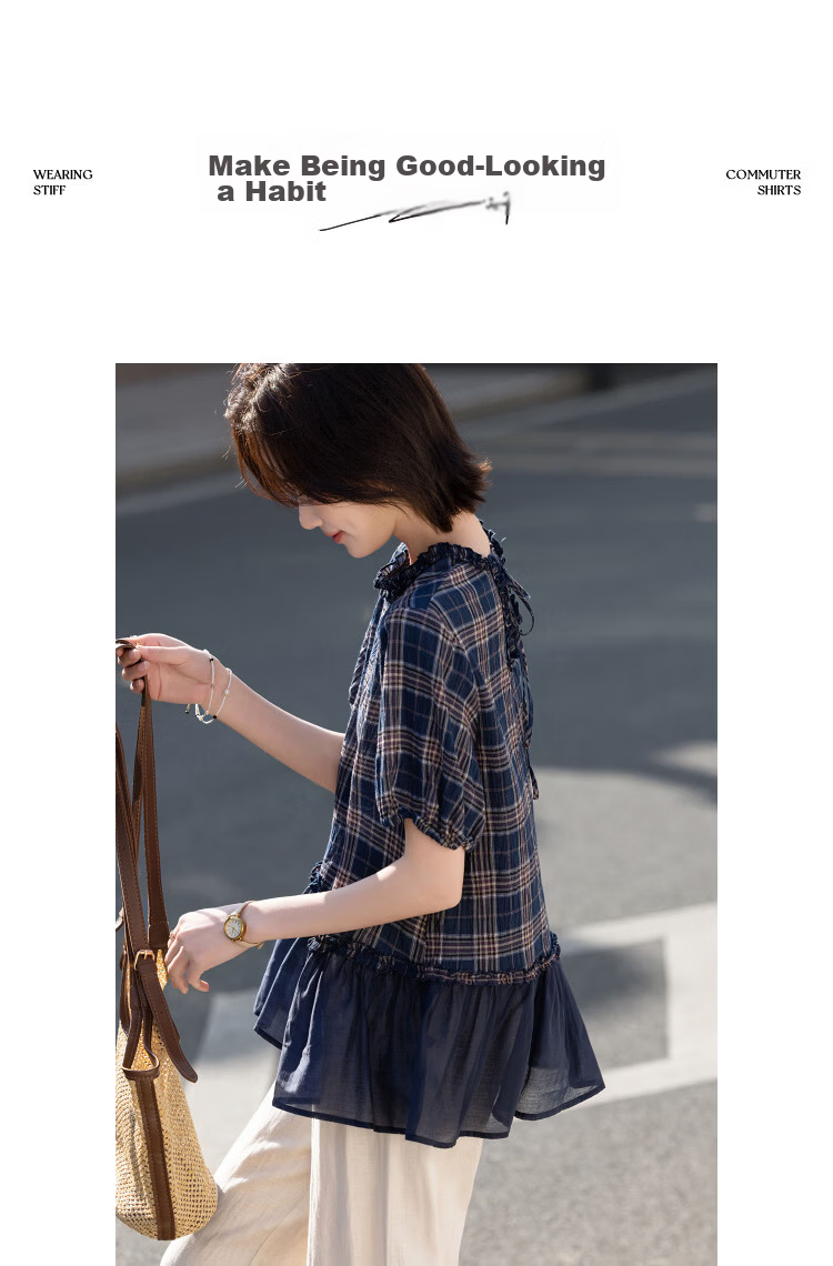 Demana Fresh Cloud Cotton Summer Ruffle Edge Plaid Patchwork Tie Short Sleeve Loose Slim Shirt for Women Premium Feel 10