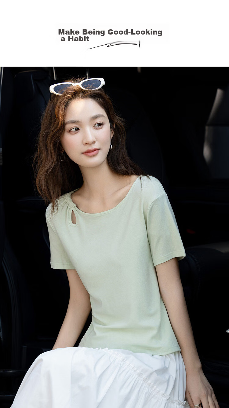 Demana [With Wool and Lyocell] Summer Simple Style Round Neck Hollow Cut Slimming Concealing T-Shirt for Women Premium Feel 1