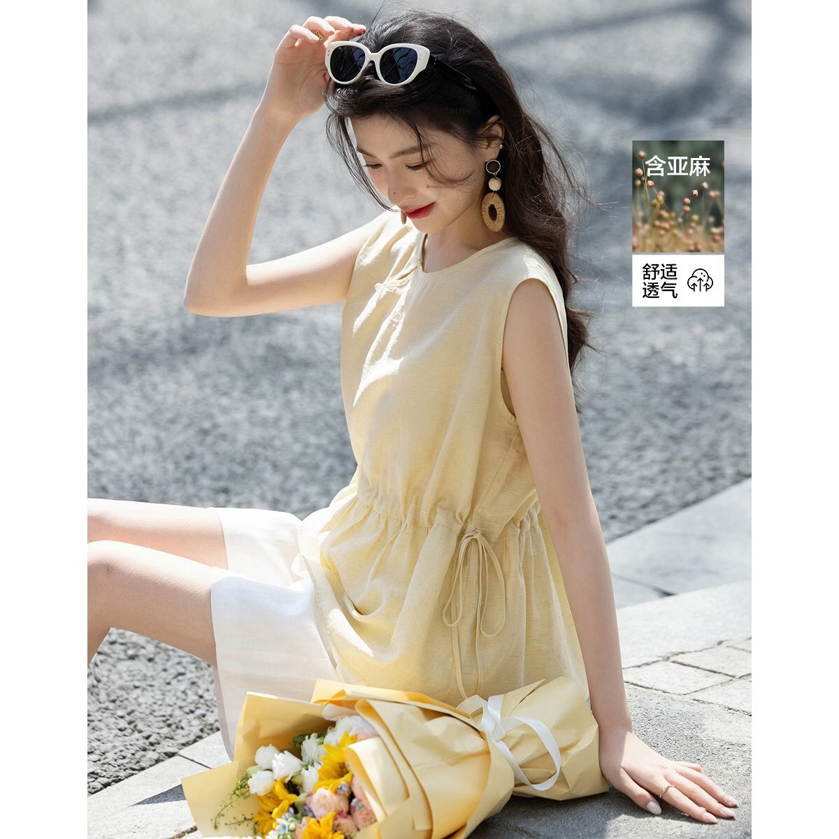 Demana [With Linen] Summer National Style New Chinese Round Neck Asymmetric Double-Layer Spliced A-Line Slimming Shirt for Women Premium Feel