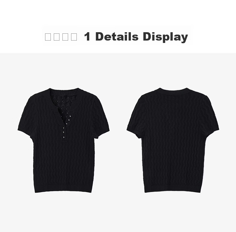 Yanyu Black Slim Fit Knit Top Women 2026 Summer High-End Vintage Style Short Sleeve Half-Open Collar Shirt Black S 23