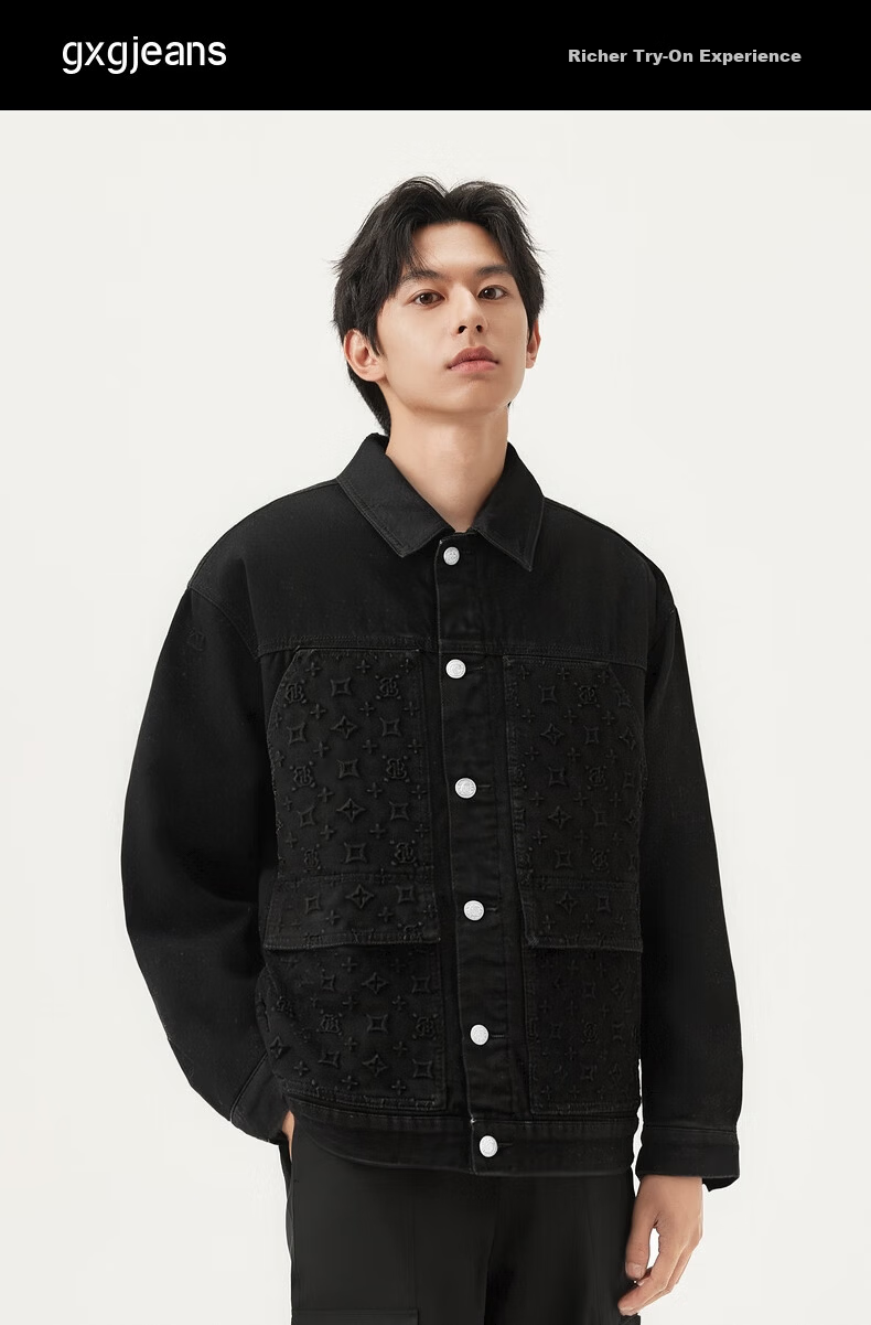 Gxgjeans Men's Black Quilted Vintage Pocket Monogram Denim Jacket 25 New Black 180/XL 6
