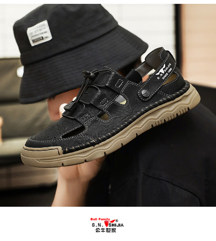 Bull Family Baotou Leather Sandals Men Summer Outdoor Beach Shoes Casual Driving Shoes Black Size 40 12