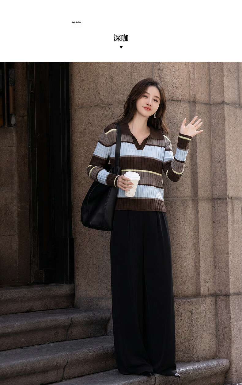 Demana Fluffy Wool Autumn Literary College Lapel Colorblock Striped Loose Slim Knit Sweater for Women Premium Feel 8