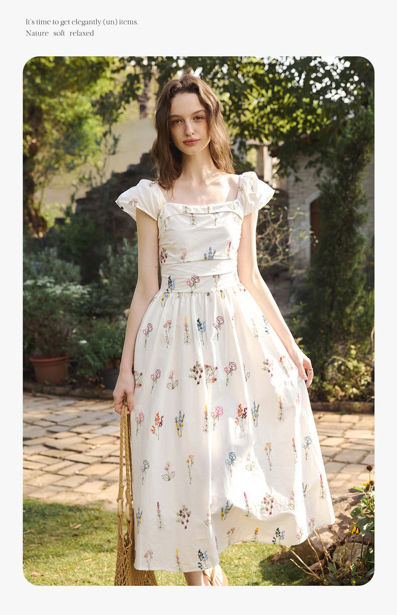 Olrain Women's Summer New Square Neck Puff Sleeve Floral Heavy Embroidery Waist Dress Colorful XL 5