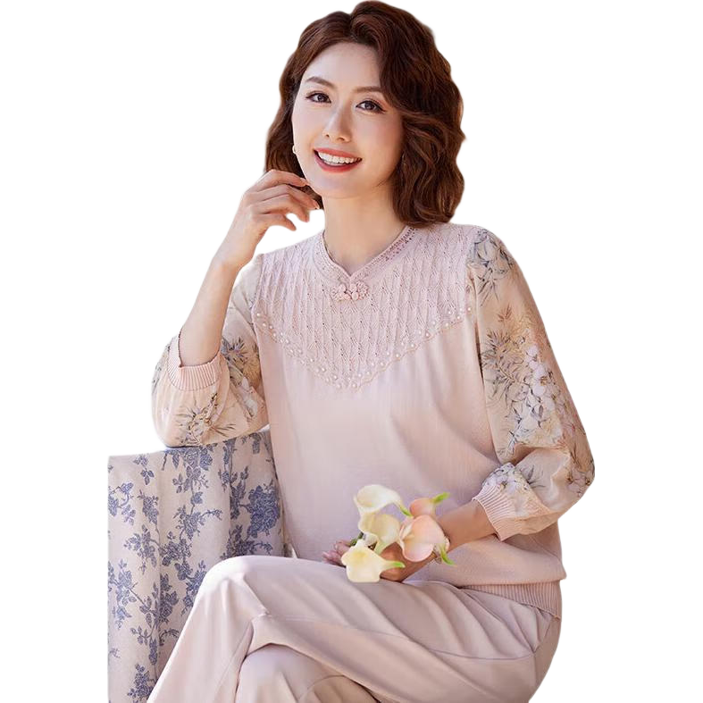 YUZHAOLIN Traditional Chinese Style 3/4 Sleeve T-Shirt for Middle-aged and Elderly Women, Grandma Top Y244T5825