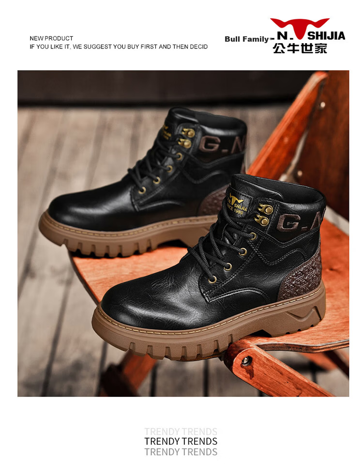 Bull Family Martin Boots Men 2026 Winter New Versatile Work Boots Men's Thick Sole High Top Leather Outdoor Hiking Shoes Men 12