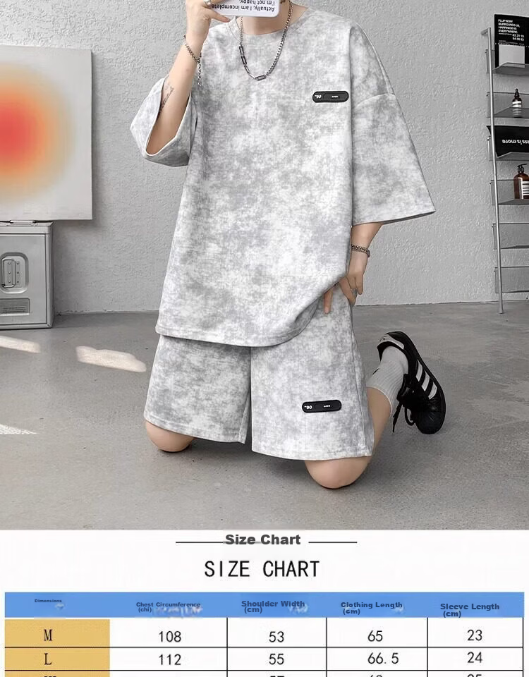 Wassup Sohot American High Street Short Sleeve T-Shirt Set Men Summer Tie-Dye Short Sleeve Shorts Sports Two-Piece Set Gray 5XL 1