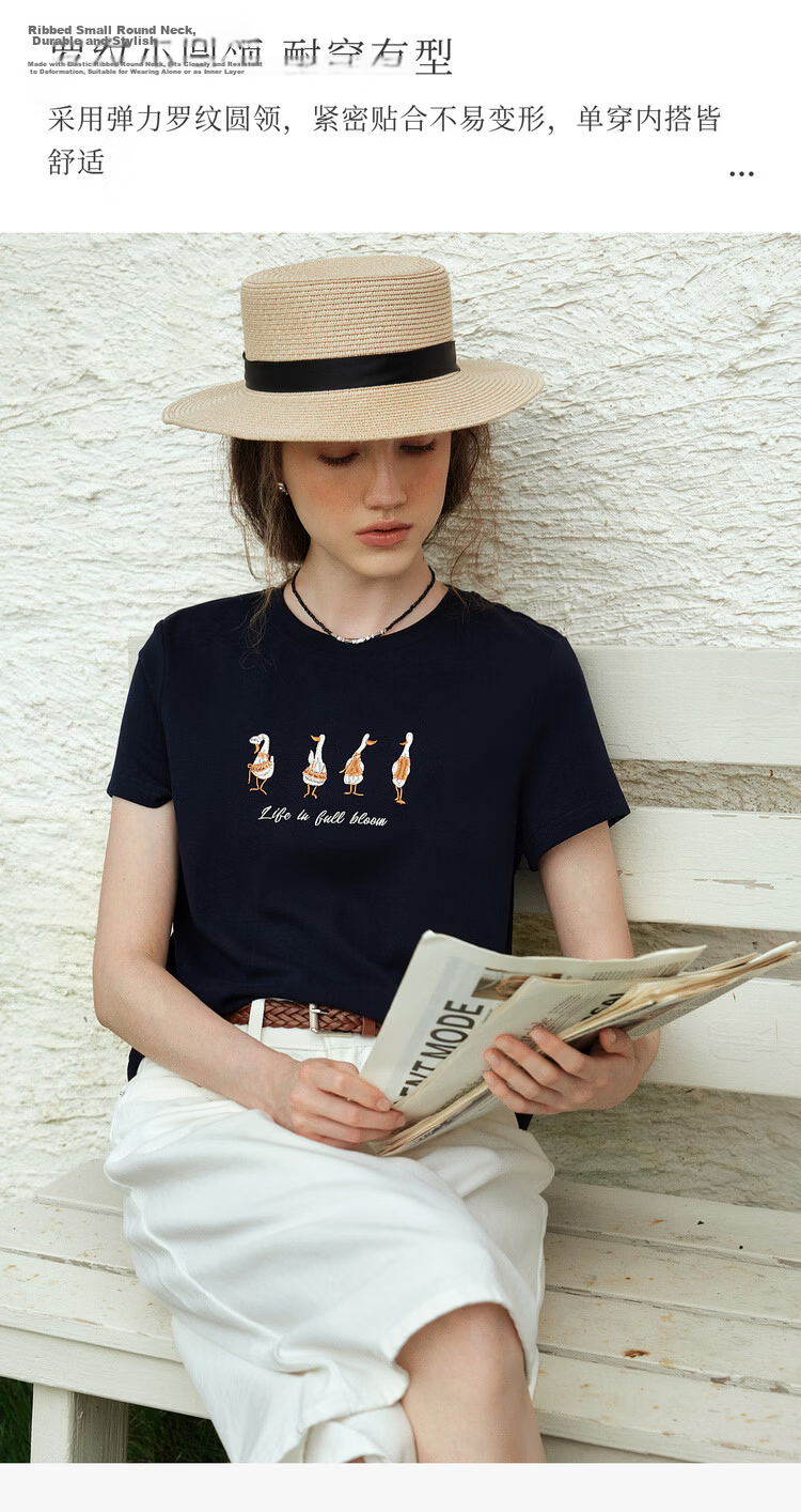 Olrain Eurier New Summer Casual Simple Embroidered Design Crew Neck Pullover Short Sleeve T-Shirt for Women Navy Blue M 5