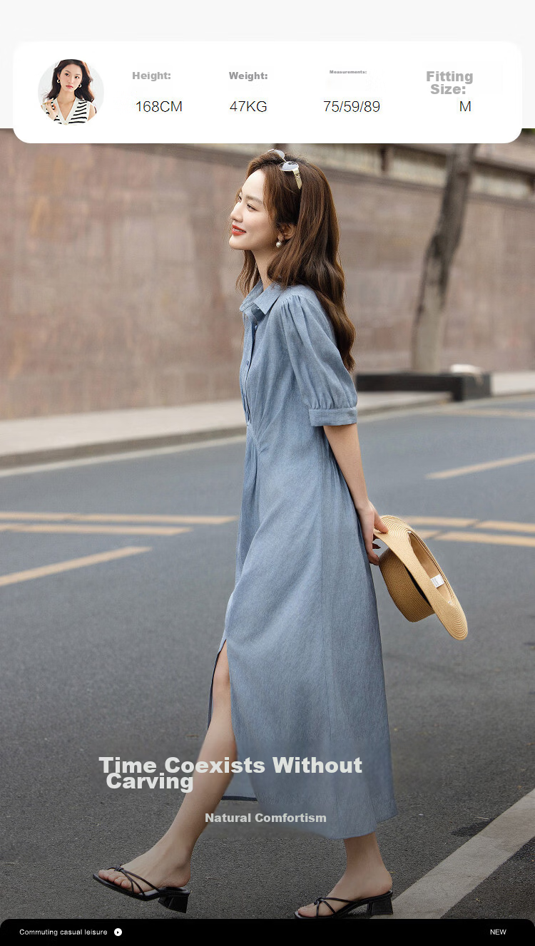 Demana [With Linen] Summer Urban Commuter Pleated Short Sleeve Turn-Down Collar Slim Straight Mid-Length Dress for Women Premium Feel 9