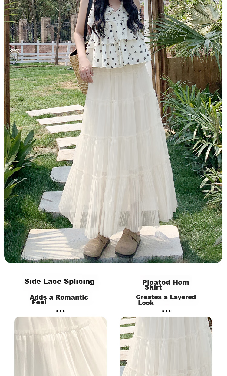 BOPRUIEY Ruffled Mesh Pleated Three-Layer Skirt Spring Summer High Waist Draped Flowy Fairy Long Dress Slimming Cake Skirt for Women 7