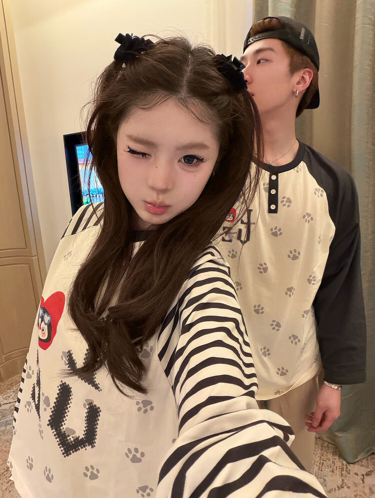 Gukoo Couples Spring Pajamas Small Penguin Print Striped Loose Raglan Sleeve Women's Homewear Set Men's Jade White S 14