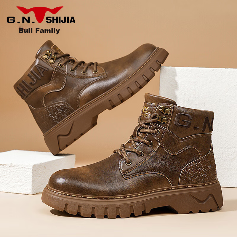 Bull Family Martin Boots Men 2026 Winter New Versatile Work Boots Men's Thick Sole High Top Leather Outdoor Hiking Shoes Men