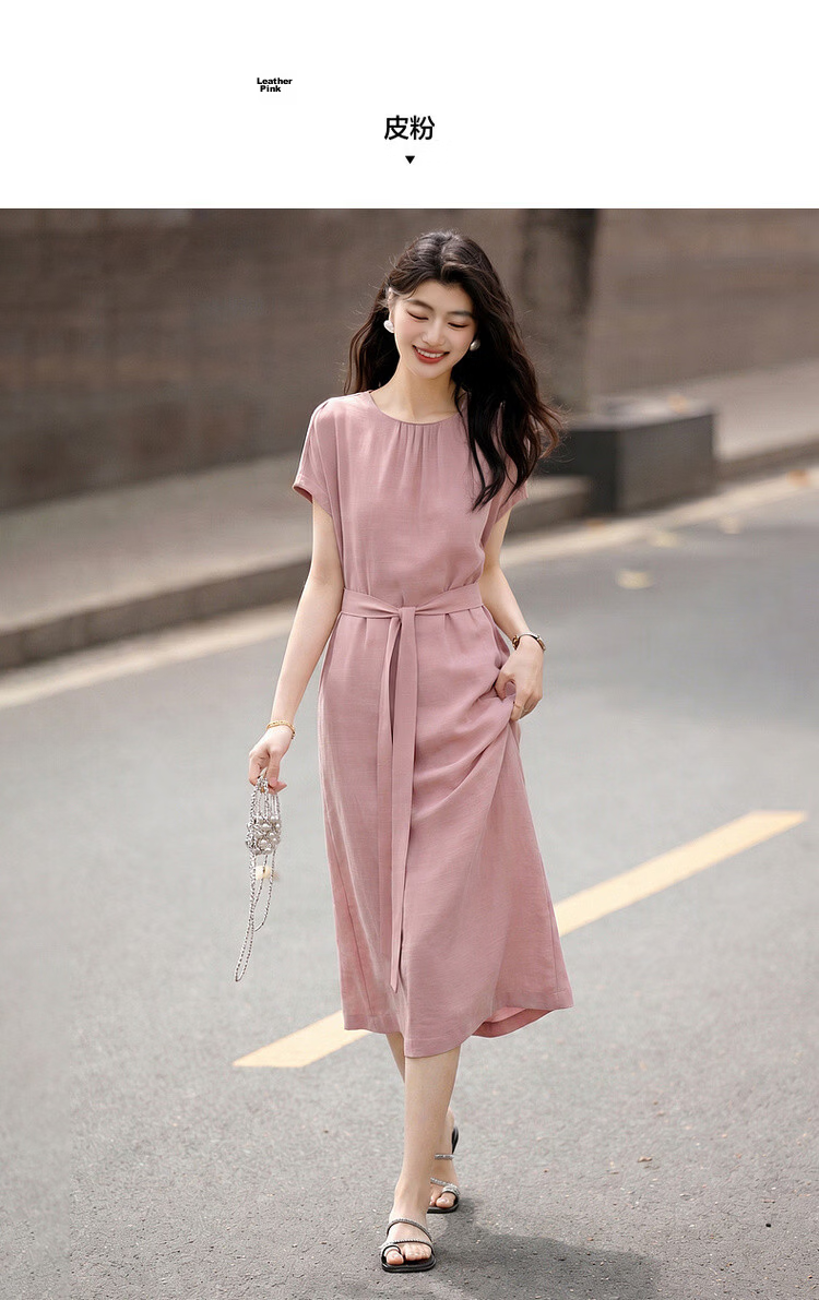 Demana Natural Linen Summer Elegant Round Neck Fabric Belt Loose Petite Mid-Length Dress for Women 11