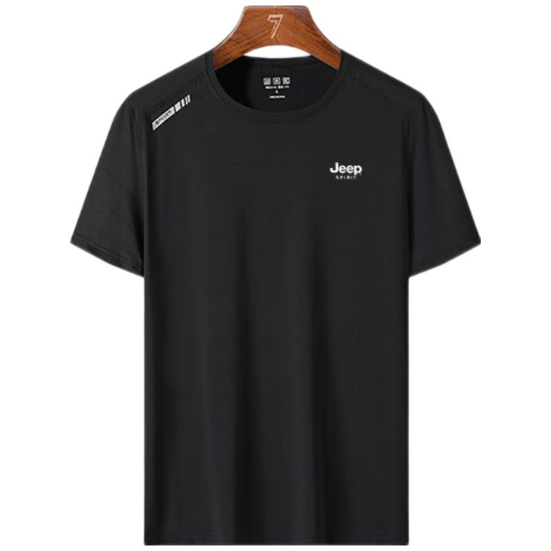 JEEP SPIRIT Men's Short-Sleeve T-Shirt, Summer Half-Sleeve Top, Outdoor Sports Casual Wear Undershirt, Black, L
