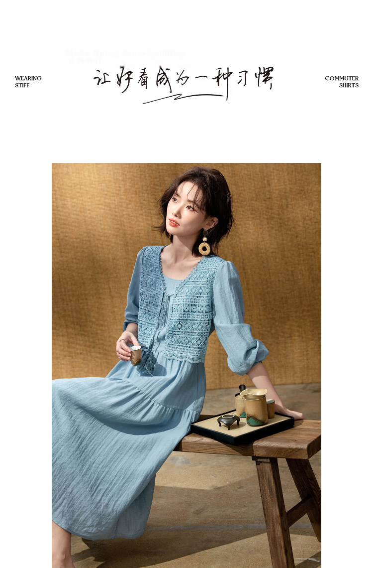 Demana Linen-Viscose Blend Tea Break Dress Spring Elegant Faux Two-Piece Lace Hollow Tower A-Line Women's Dress 10