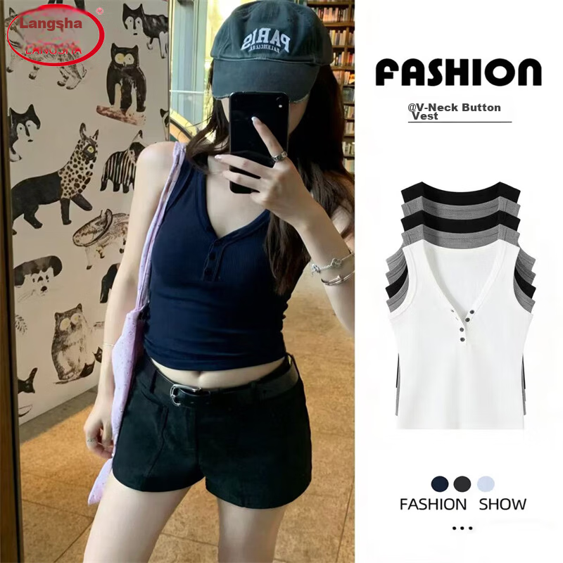 Langsha V-Neck Button Vest Women New 2026 Slim Fit Sleeveless Camisole Sexy Hot Girl Outerwear