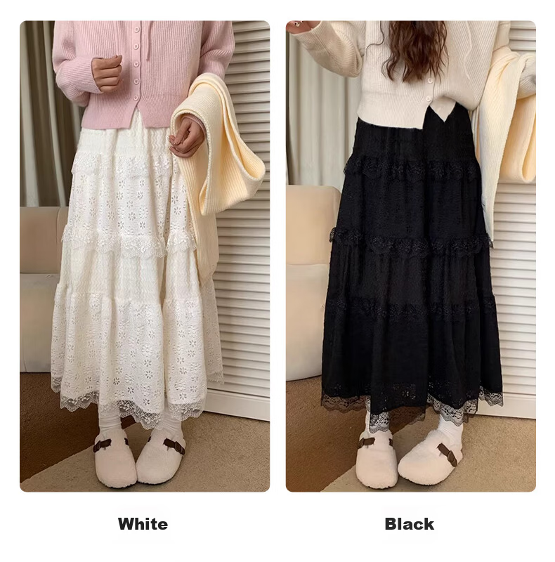 Borui Ballet Style Lace Embroidered Midi Skirt Women Design Spring Summer Cake Skirt Fairy A-Line Puff Skirt 8