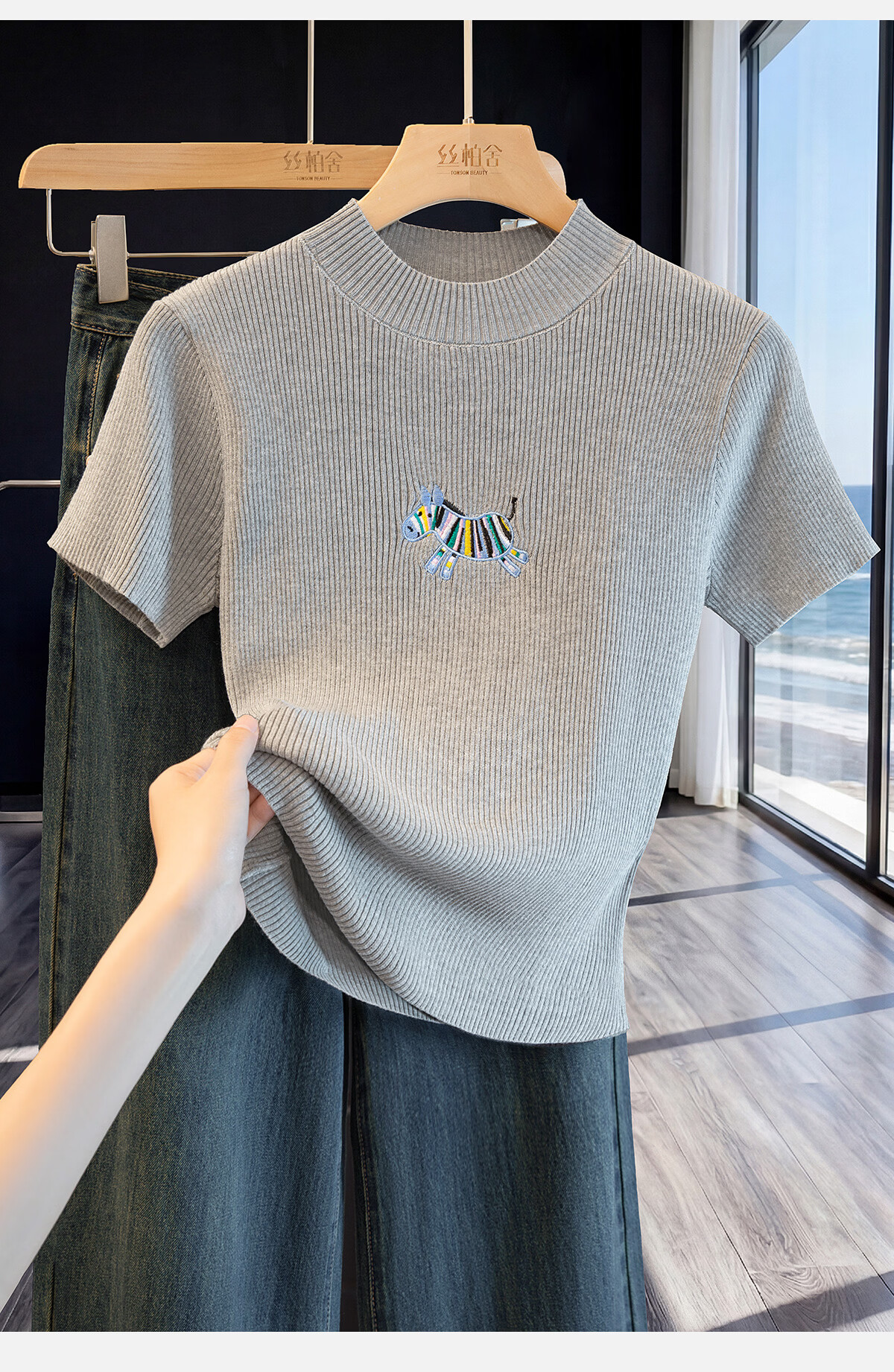 Cypress Slim Fit Knitted Sweater Women 2026 Summer New Fashion Polo Embroidered Round Neck Short Sleeve Pullover T-Shirt 2