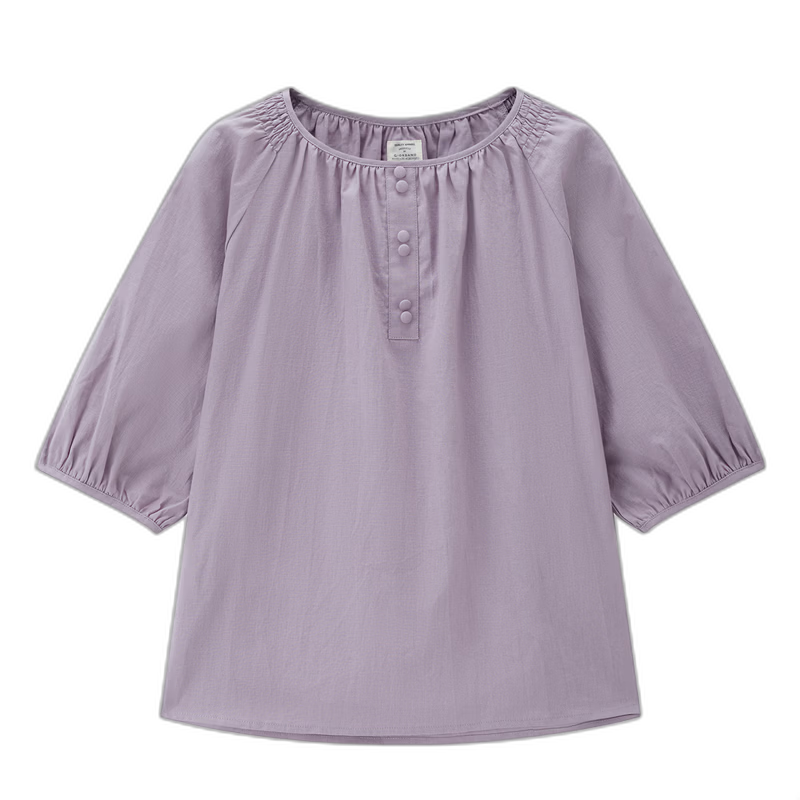 Giordano Women's Cotton Linen Shirt 2026 Summer New Loose Pleated Round Neck Raglan Mid Sleeve Shirt 05346461