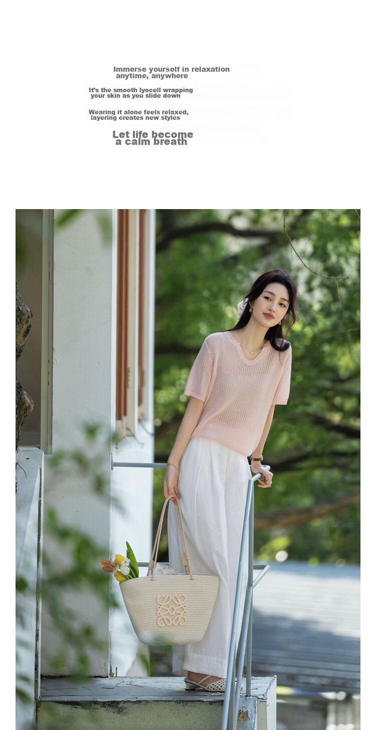 Demana [Breathable Tencel] Summer Elegant V-Neck Hollow Jacquard Slim Fit Short Sleeve Knit Top for Women Premium 6