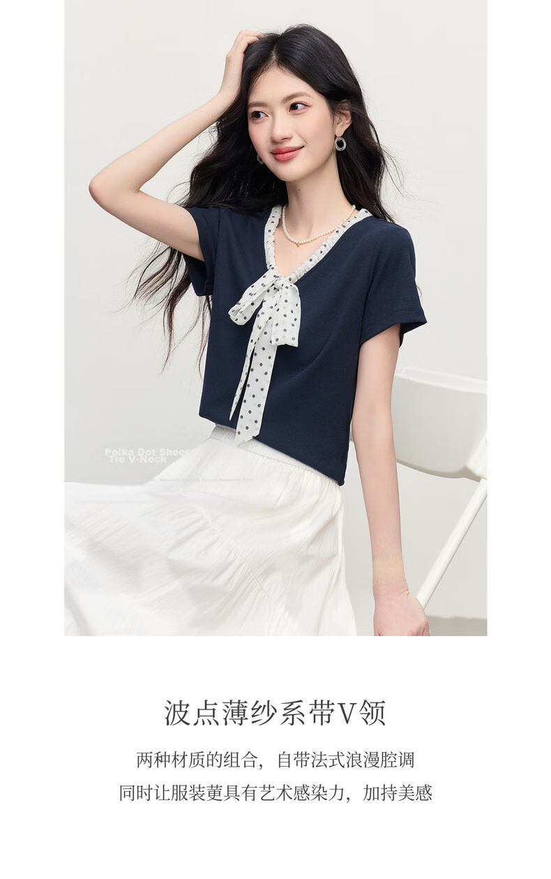 Sllsky Polka Dot Bow Tie V-Neck T-Shirt for Women 2026 Summer New Fashion Casual Short Sleeve Top 4