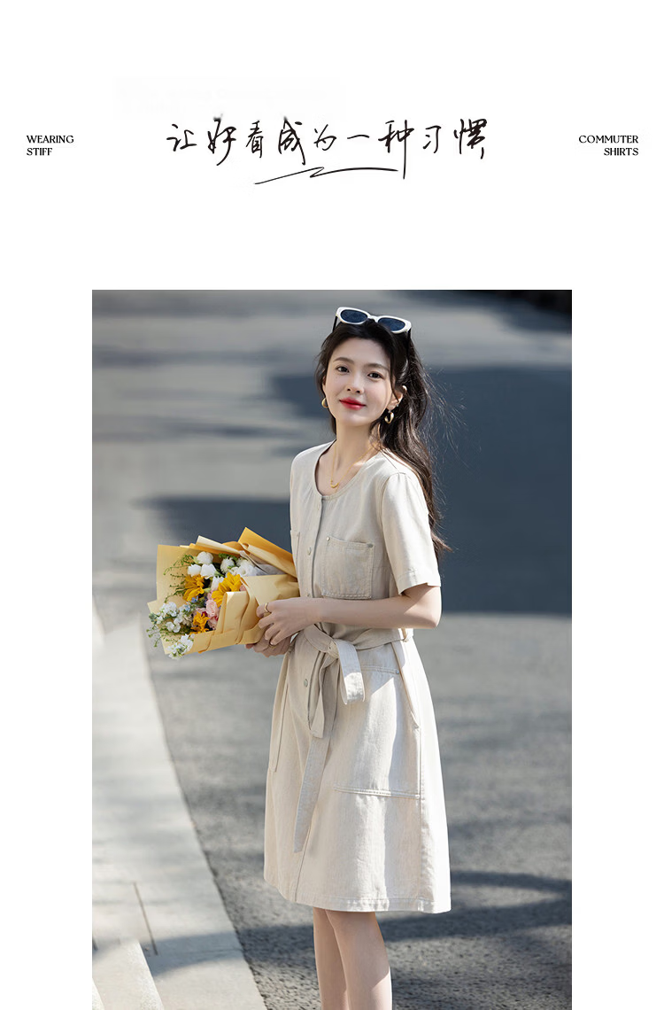 Demana [with natural linen] Summer Oxygen Sense Lyocell Cotton Collarless Straight Denim Dress for Women Slim Relaxed Fit 10