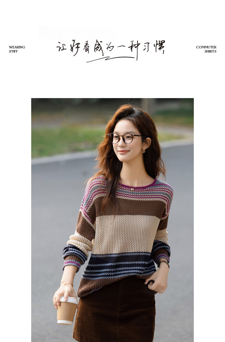 Demana Vintage Woven Light Spring Hollow Out Color Block Striped Crew Neck Loose Knit Sweater for Petite Women 10
