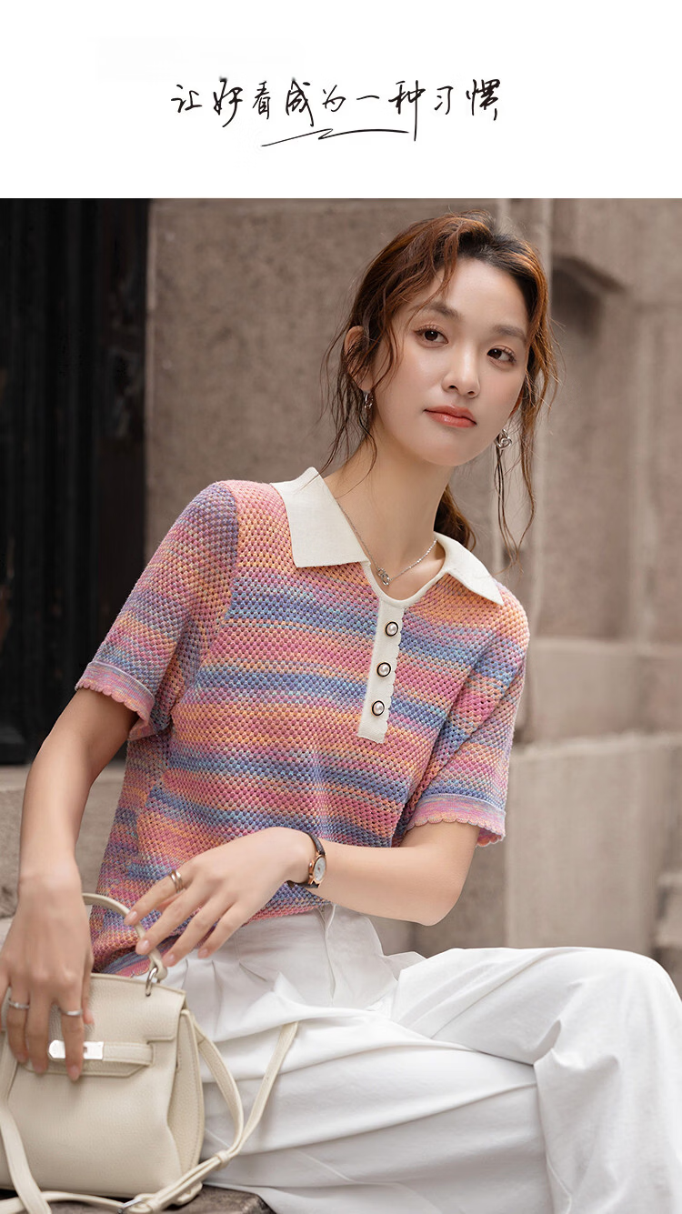 Demana [Dopamine Gradient] Spring Sweet Style Jacquard Colorblock Short Knit Sweater for Petite Women 1