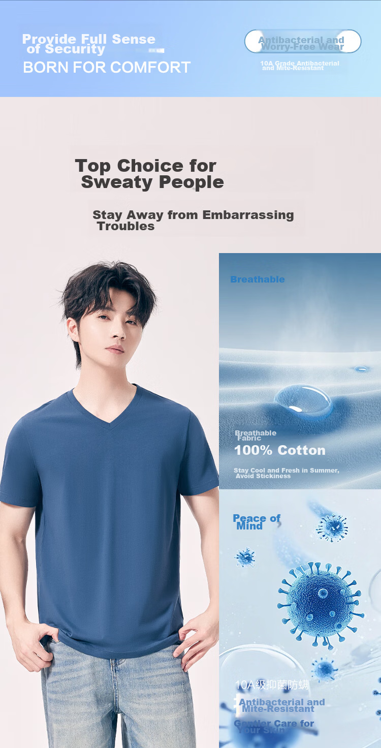 Hongdou 10A Antibacterial Mite-Resistant Sweat-Absorbing Sun-Protective Men's Short Sleeve Breathable V-Neck Simple T-Shirt 4