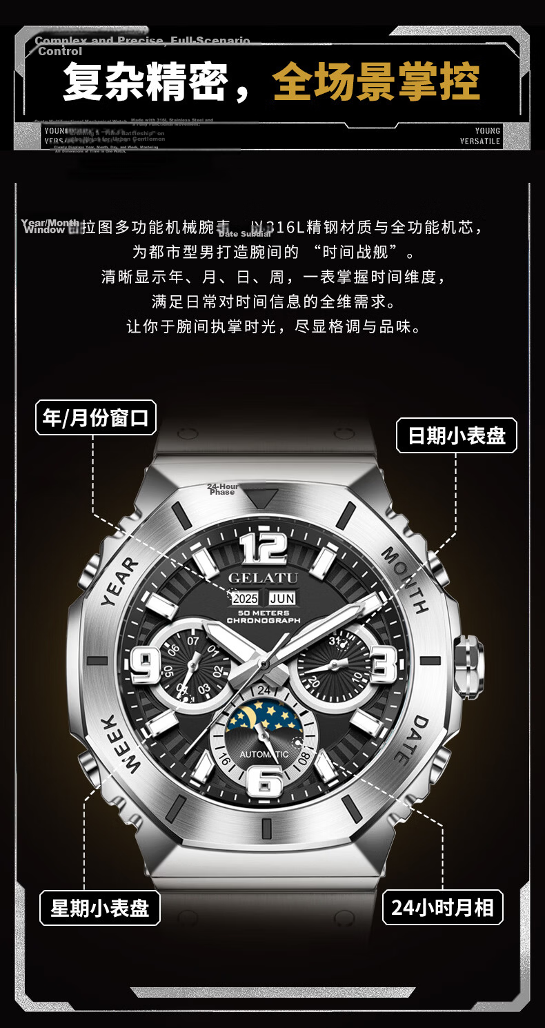 GELATU Men's Automatic Skeleton Mechanical Multifunction Waterproof Luminous Trendy Mecha High-End Stainless Steel Watch 2
