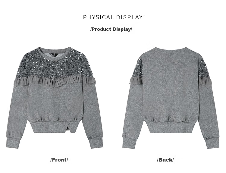 LOUISYAO Sequin Embellished Mesh Splice Sweatshirt 2025 Autumn Winter New Split Hem Fashion Top for Women Gray S 18
