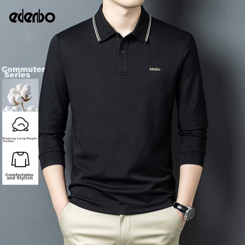 Edenbo Men's Long Sleeve Polo Shirt Long Staple Cotton Half Placket Top Black 170/88A (L)