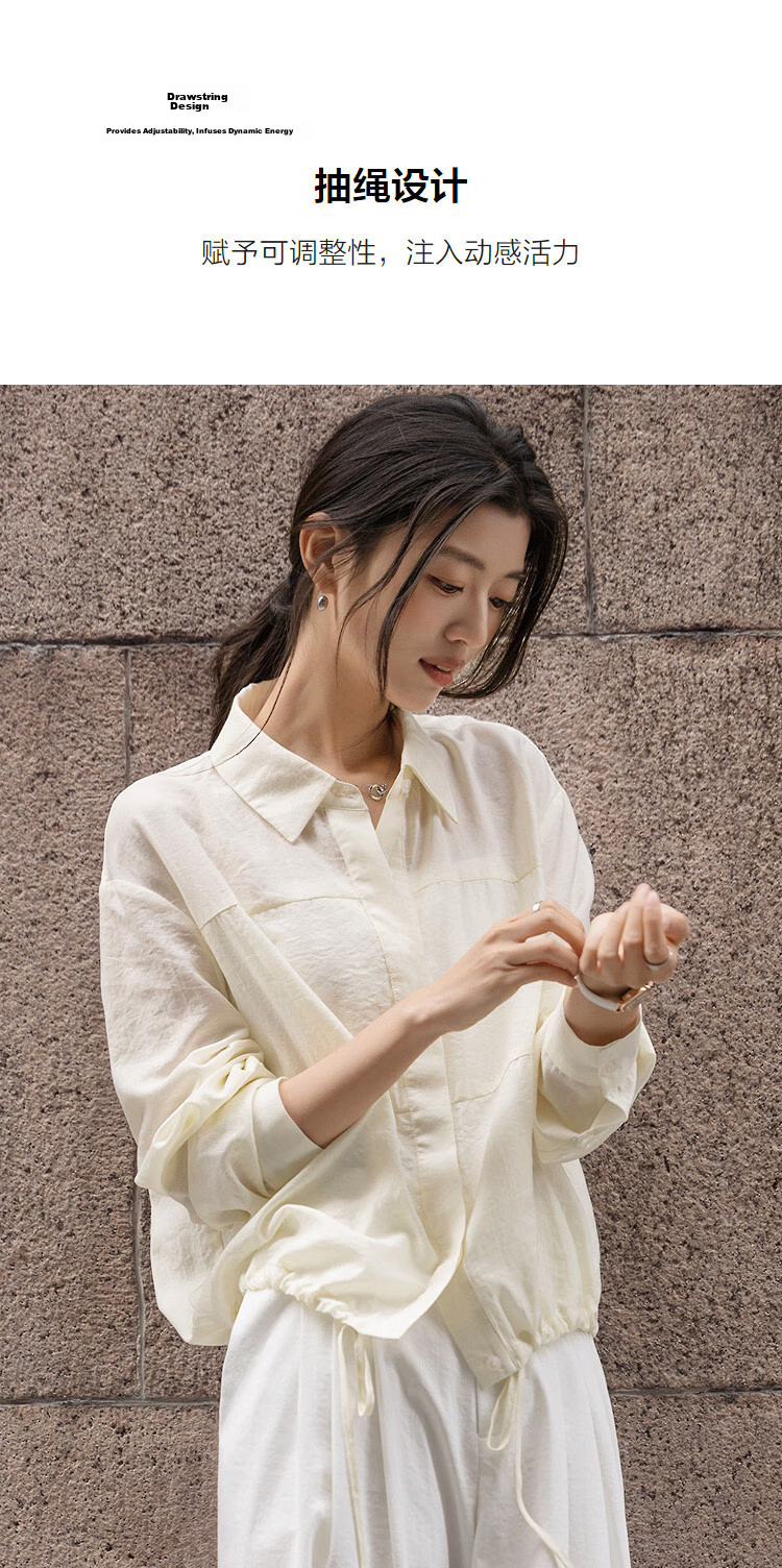 Demana Intellectual Spring Lapel Drop Shoulder Shirt with Drawstring Small Size Women's Top 7
