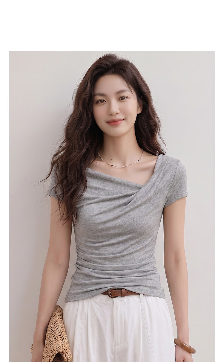 Demana [With Wool and Lyocell] Summer Fashion Urban Twist Off-Shoulder Short Sleeve Slim T-Shirt for Petite Women 16