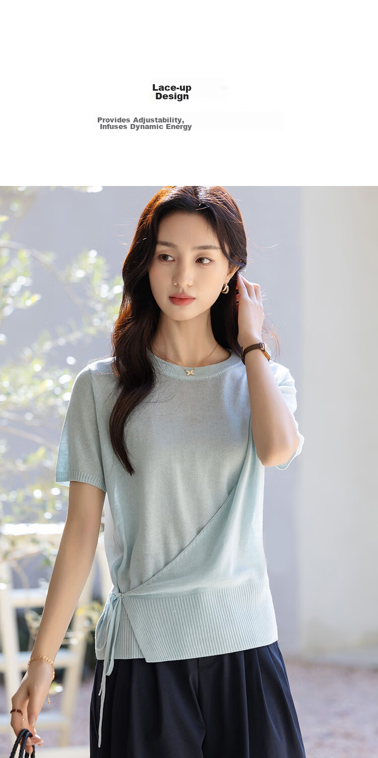 Demana [with Linen Lyocell] Summer Elegant Asymmetric Design Adjustable Tie Slim Knit Top for Women Premium 7