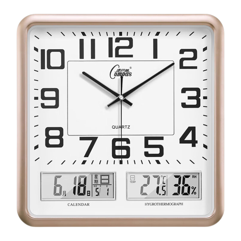 Compas Wall Clock Living Room Perpetual Calendar Temperature and Humidity Quartz Clock Classroom Minimalist Wall Clock C2985 Light Luxury Gold 37cm