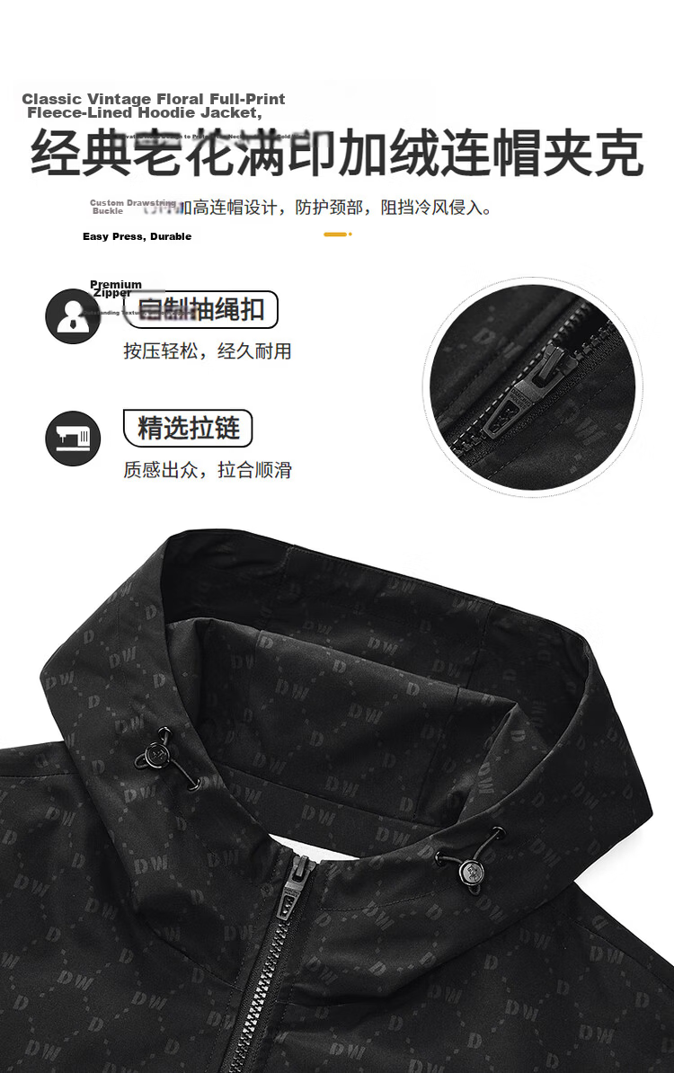 DANCING WOLVES Classic Monogram Print Fleece-Lined Hooded Casual Warm Men's Jacket 701 Khaki 2XL 3