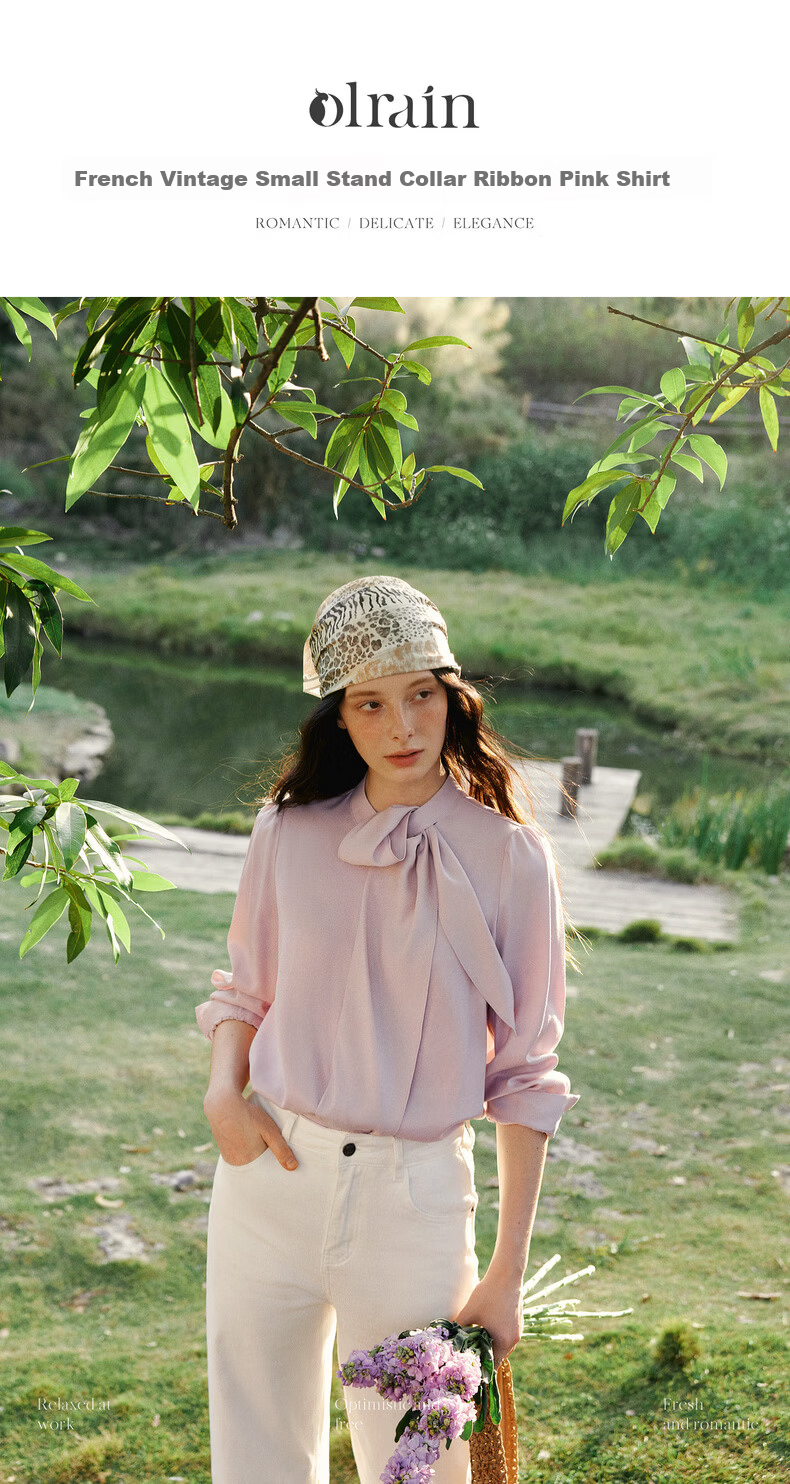 Olrain Ribbon Collar Premium Shirt Women's Spring New Commuter Casual Blouse Pink S 1