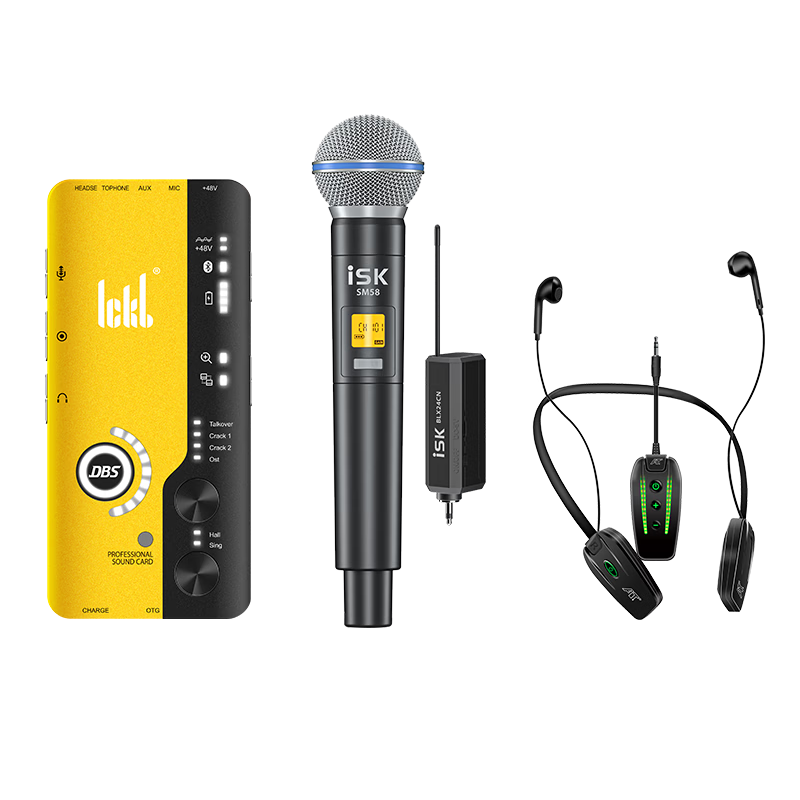 ISK SM58 Professional Wireless Dynamic Microphone + Ickb DBS Second-Generation Sound Card, Wireless Headphones, Complete Set for Singing, Outdoor Performances, Live Streaming, Karaoke Recording Equipment, Microphone Kit