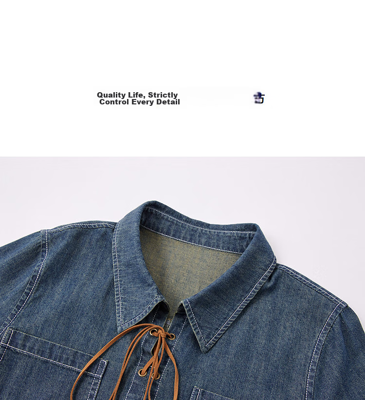 Demana Zhenxiang 100% Cotton Spring Lapel Drawstring Drop Shoulder Pocket Loose Petite Women's Denim Shirt 11