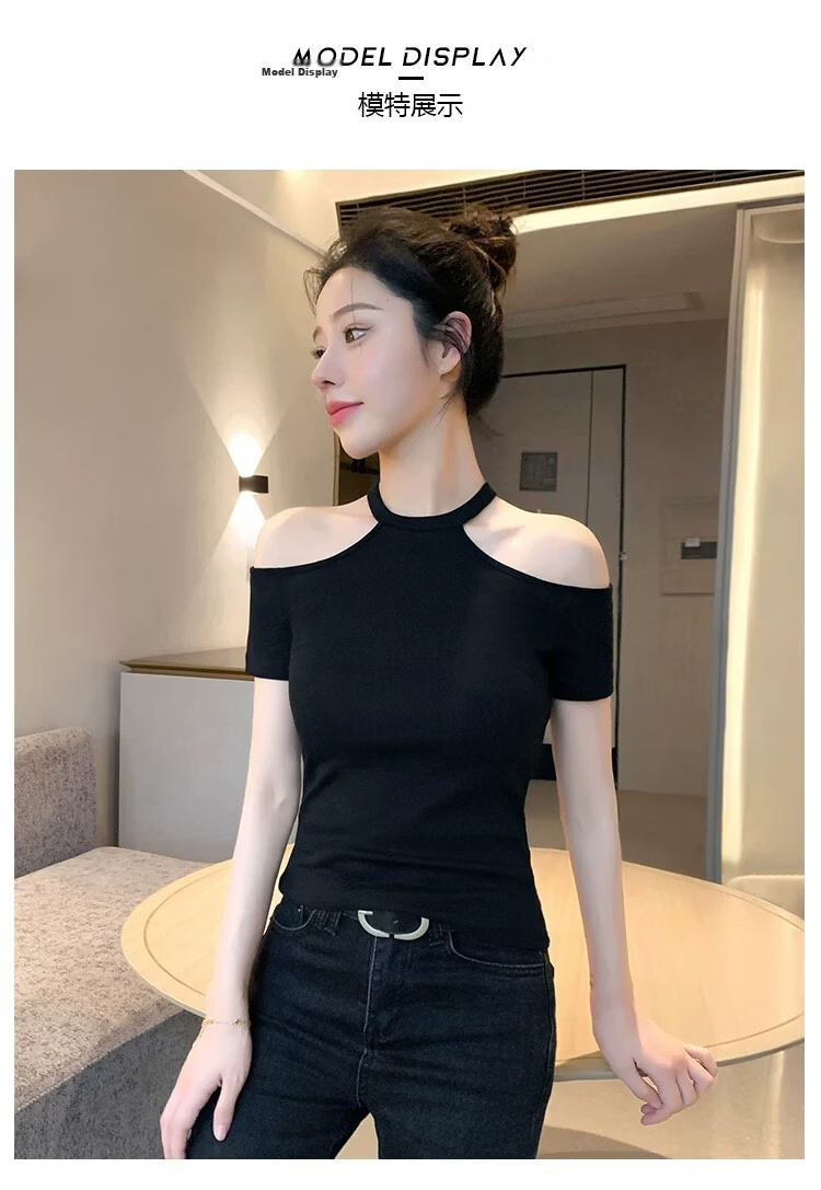 Woodpecker Women's Summer New Sexy Off-Shoulder Short Sleeve T-Shirt Slim Fit White L 7