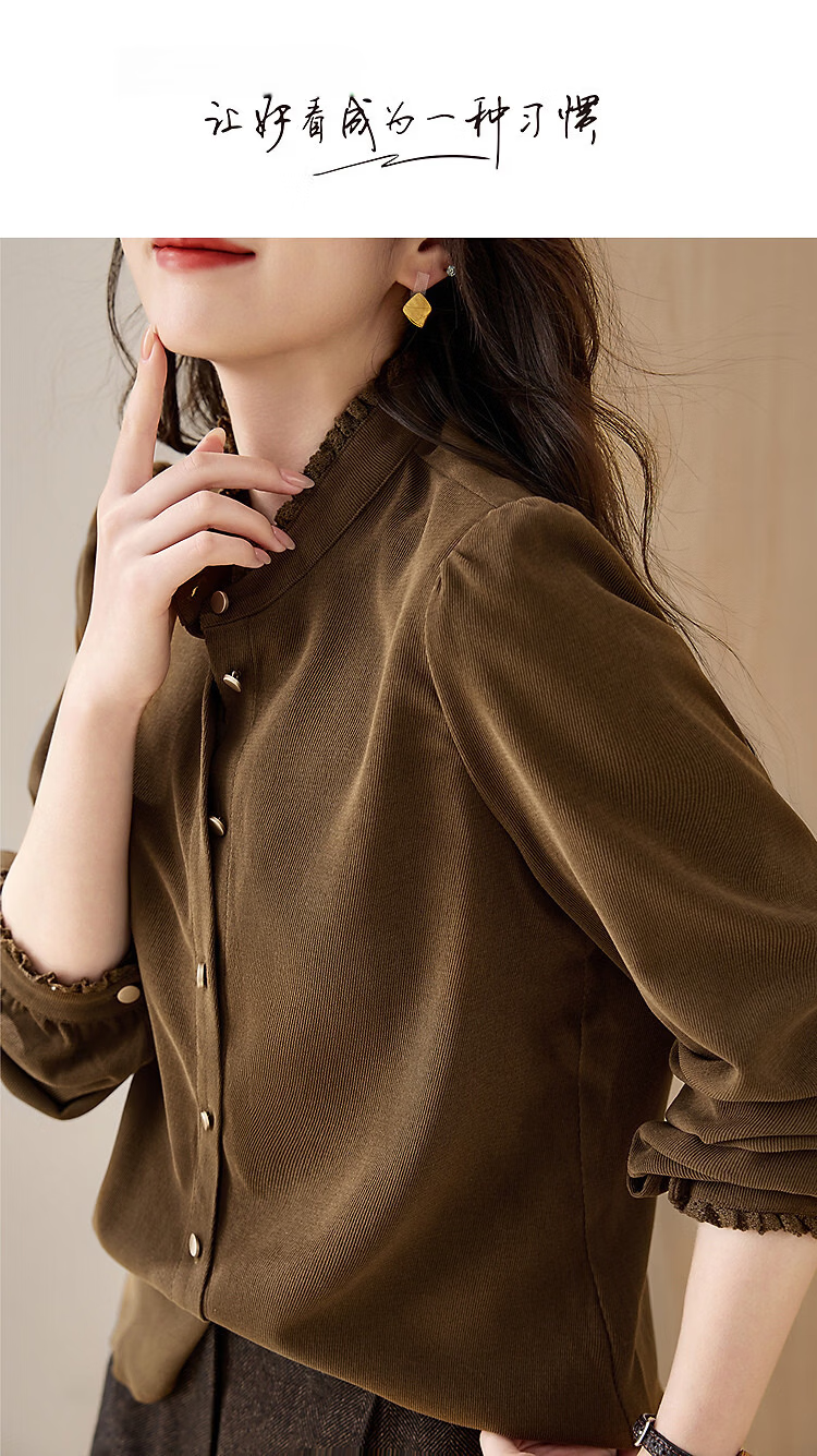 Demana [Cheese Fleece] Winter Warm Slim Fit Shirt Commuter Stand Collar Lace Decor Puff Sleeve Blouse for Women 1