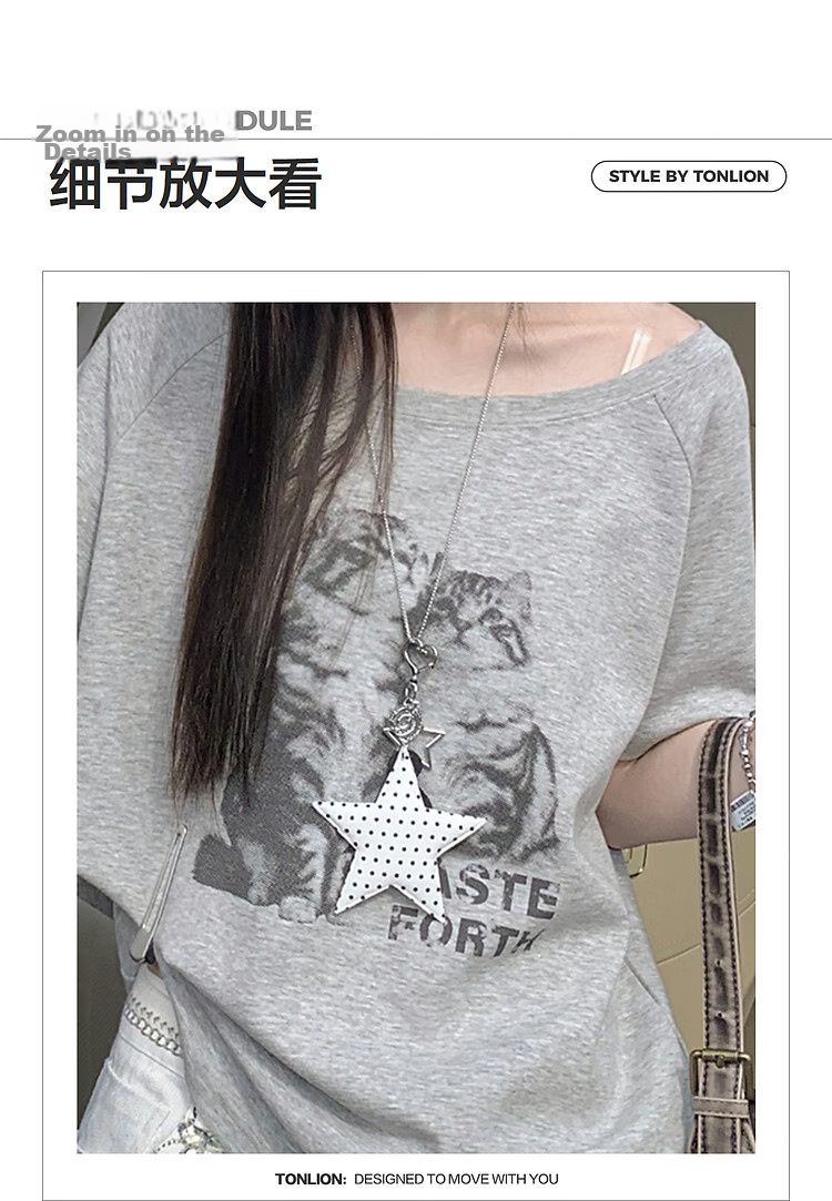 TonLion 2026 Summer New Off-Shoulder Design American Style Loose Slim Fit Short Sleeve T-Shirt for Women 3
