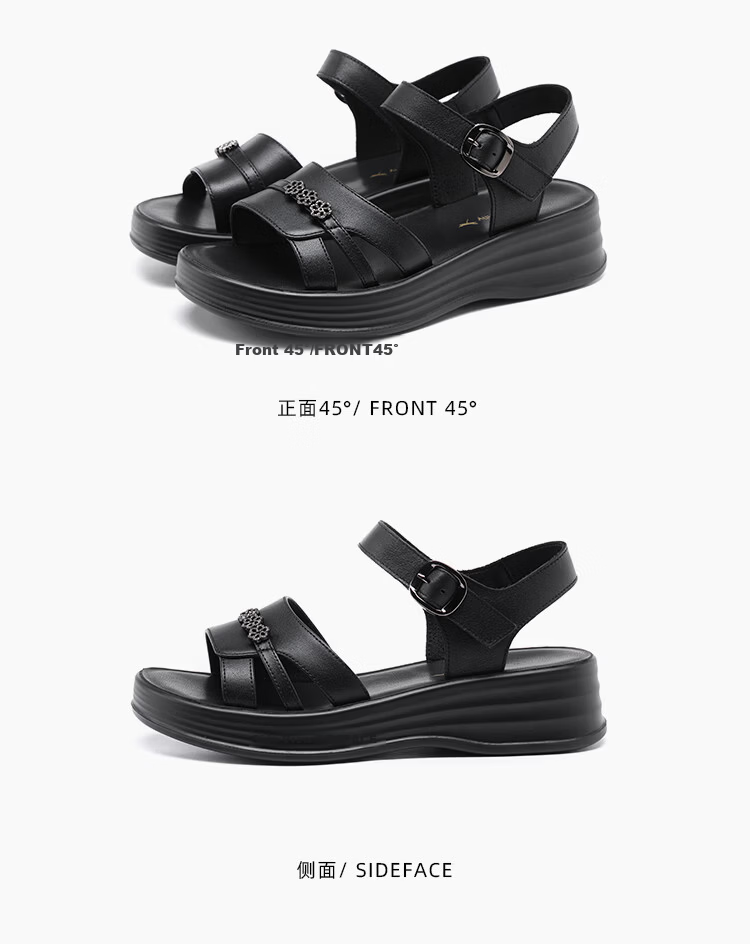 Red Dragonfly Women's Sandals Thick Sole One-Strap Leather Mom Shoes Soft Sole Versatile Lightweight Beach Shoes WTK264861 Black Size 35 9