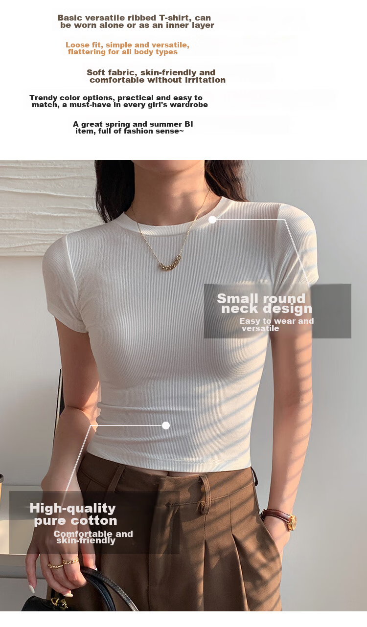 Herbal Original Color Short Sleeve T-Shirt Women Pure Cotton Base Shirt Summer 2026 New Slim Fit Solid Color Top T-Shirt Round Neck Simple Comfortable 2