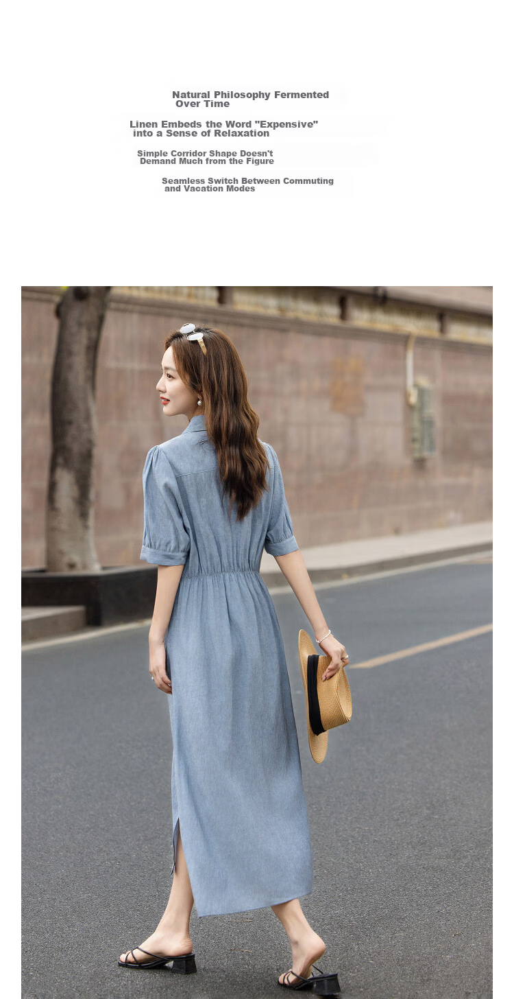 Demana [With Linen] Summer Urban Commuter Pleated Short Sleeve Turn-Down Collar Slim Straight Mid-Length Dress for Women Premium Feel 6