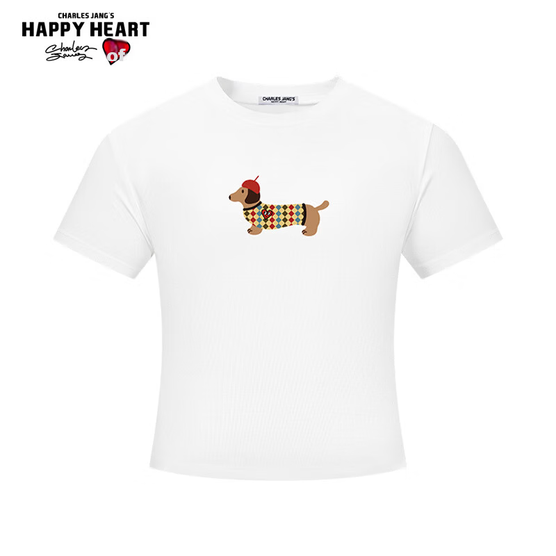 Charles Heart Summer Simple Cute Dachshund Print Short Sleeve Slim Fit T-Shirt White F